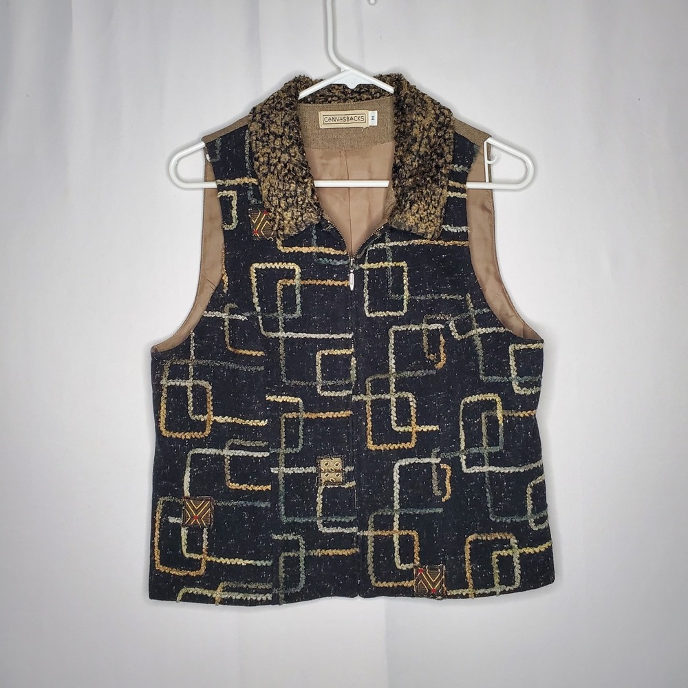 Canvasbacks Vtg Vest Women Medium Sherpa Embroidered Geometric Artsy Grunge 90s